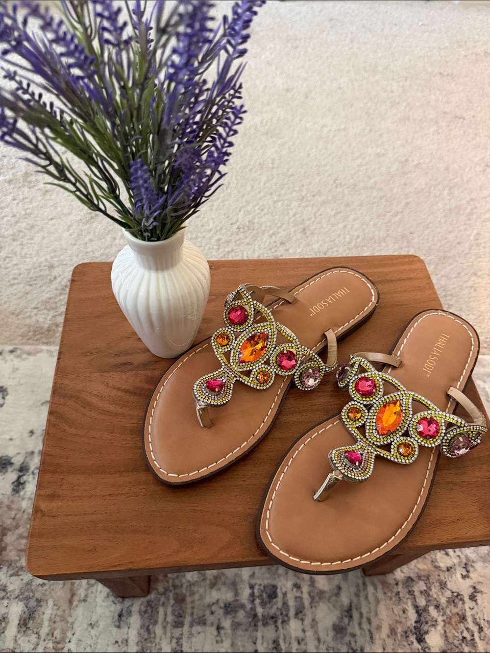 Thalia Sodi Tan Thong Sandals with Pink and Orange Gem Accents